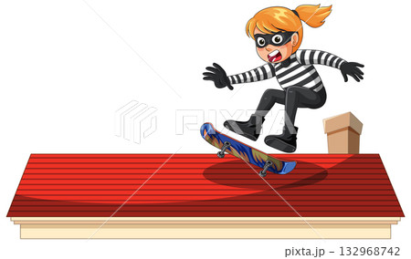 Masked Girl Skateboarding on Rooftop in Cartoon Style Masked Girl Skateboarding on Rooftop in Cartoon Style 132968742