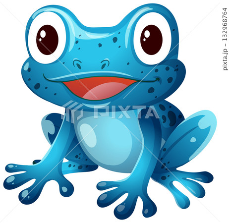 Smiling Blue Cartoon Frog Sitting on White Background Smiling Blue Cartoon Frog Sitting on White Background 132968764