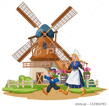 Dutch Children Carrying Flowers Near Traditional Windmill Dutch Children Carrying Flowers Near Traditional Windmill 132968765