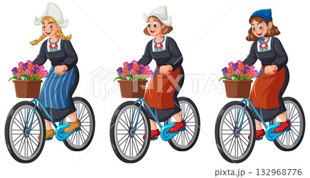 Women in Traditional Dutch Dress Riding Bicycles with Flowers 132968776