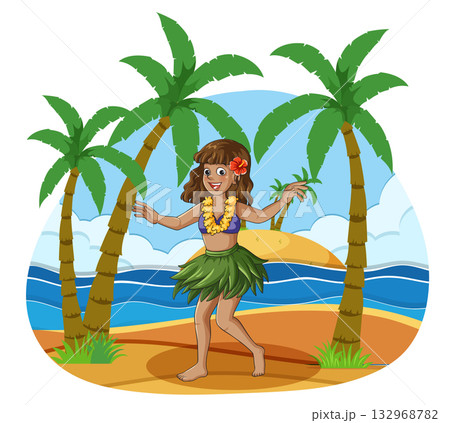 Hula Dancer with Surfboard on Tropical Beach Hula Dancer with Surfboard on Tropical Beach 132968782