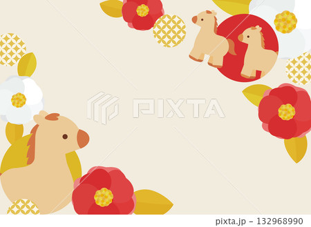 華やかでかわいい椿と馬の年賀状 コーナー飾り 132968990