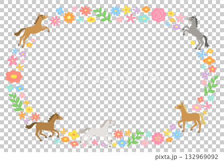 Horse and colorful floral oval frame 132969092