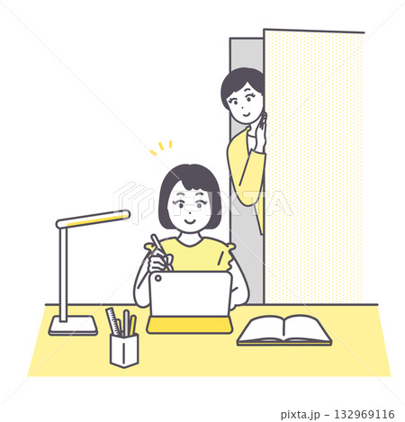 タブレットで自宅学習をしている女の子とそれを見守る母親のイメージイラスト 132969116