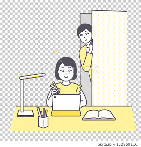 タブレットで自宅学習をしている女の子とそれを見守る母親のイメージイラスト 132969116