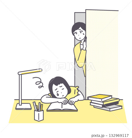 自宅学習が進まない女の子とそれを心配そうに見守る母親のイメージイラスト 132969117