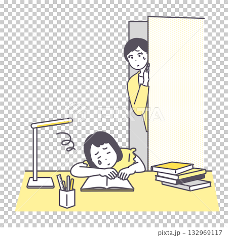 自宅学習が進まない女の子とそれを心配そうに見守る母親のイメージイラスト 132969117