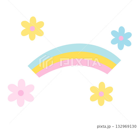 Illustration of pastel rainbow and flowers for skies and clouds, spring and summer vibe, picnic, park, stickers, floral print, cute icon, decorations, blossom, blooming, shirt print, cute patch, pin 132969130