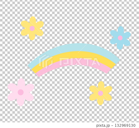 Illustration of pastel rainbow and flowers for skies and clouds, spring and summer vibe, picnic, park, stickers, floral print, cute icon, decorations, blossom, blooming, shirt print, cute patch, pin 132969130