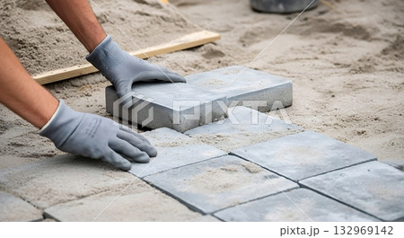 Construction worker installing stone pavement outdoors 132969142