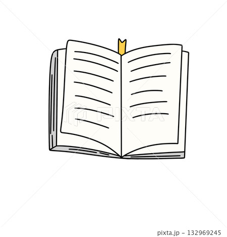 A book is open to a page with a bookmark 132969245