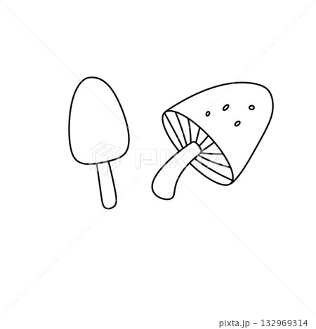 Two mushrooms and a stick are drawn in black 132969314