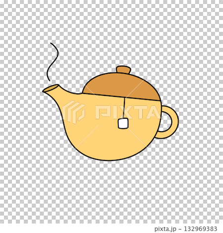 A cartoon drawing of a teapot with a tea bag inside 132969383
