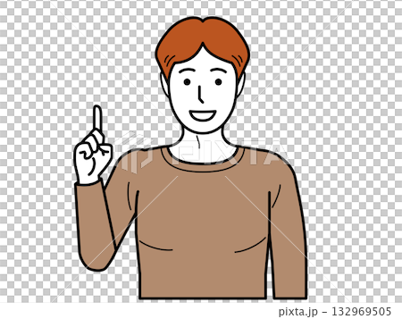 正面向き。ナンバーワンポーズをするTシャツの若い男性。 正面向き。ナンバーワンポーズをするTシャツの若い男性。 132969505