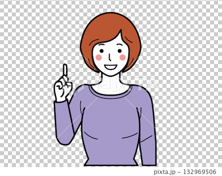 正面向き。ナンバーワンポーズをするカットソーの若い女性。 正面向き。ナンバーワンポーズをするカットソーの若い女性。 132969506