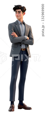 腕組みをして考えるスーツ姿のビジネスマン男性のイラスト 全身正面 透過素材 132969900