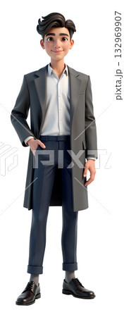 ポケットに手を入れて立つグレーのコートを着たビジネスマン男性のイラスト 全身正面 透過素材 132969907