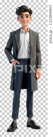 ポケットに手を入れて立つグレーのコートを着たビジネスマン男性のイラスト 全身正面 透過素材 132969907