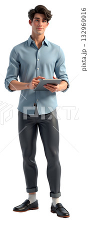 タブレット端末を持ったビジネスマン男性のイラスト 全身正面 透過素材 132969916