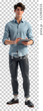 タブレット端末を持ったビジネスマン男性のイラスト 全身正面 透過素材 132969916