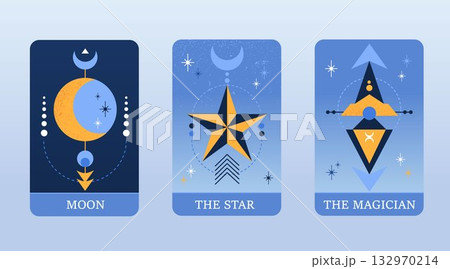 Tarot cards featuring moon, star, and magician symbols, showcasing mystical themes and celestial elements. design evokes sense of wonder and magic Tarot cards featuring moon, star, and magician symbols, showcasing mystical themes and celestial elements. design evokes sense of wonder and magic 132970214