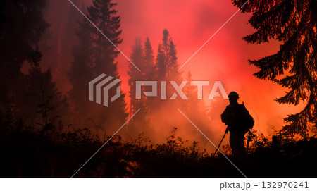 Silhouette of firefighter standing amidst smoke and flames in forest, creating dramatic and intense atmosphere Silhouette of firefighter standing amidst smoke and flames in forest, creating dramatic and intense atmosphere 132970241