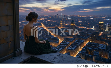 Woman sitting on rooftop overlooking illuminated city at night 132970494