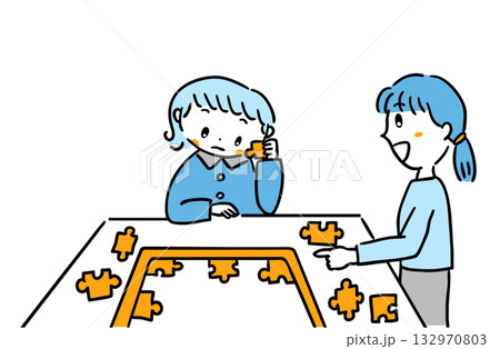 パズルをして考える子ども／教育・療育現場に使える手描き風イラスト 132970803