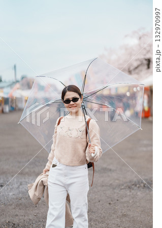 Woman tourist sightseeing Kakunodate Cherry Blossom Festival. Happy traveler travel near Hinokinai River riverbank in Kakunodate town, Semboku District, Akita Prefecture, Japan. Landmark and Vacation Woman tourist sightseeing Kakunodate Cherry Blossom Festival. Happy traveler travel near Hinokinai River riverbank in Kakunodate town, Semboku District, Akita Prefecture, Japan. Landmark and Vacation 132970997