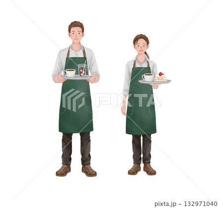 カフェで働く男女スタッフ 笑顔で接客する人物イラストセット 132971040