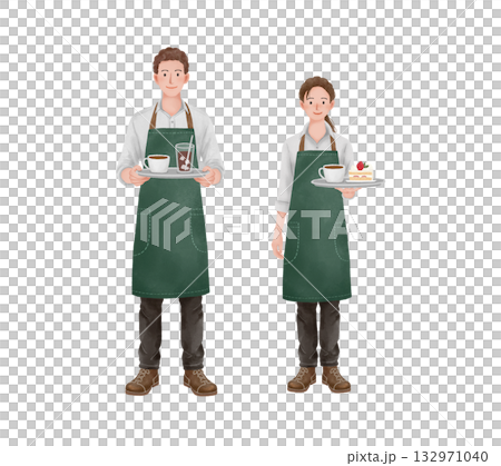 カフェで働く男女スタッフ 笑顔で接客する人物イラストセット 132971040