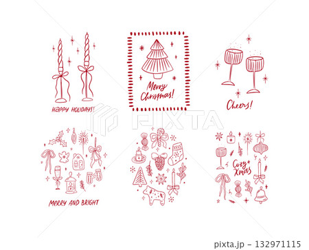 Hand drawn Christmas whimsical greeting card set 132971115