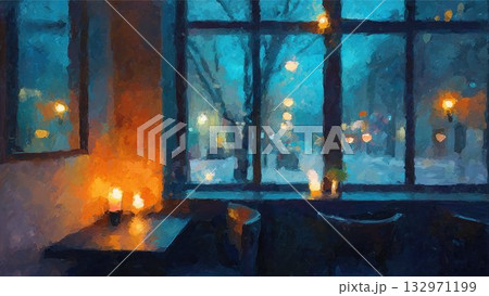 夜のカフェの窓辺 雪景色と灯りがともる温かなイラスト 132971199