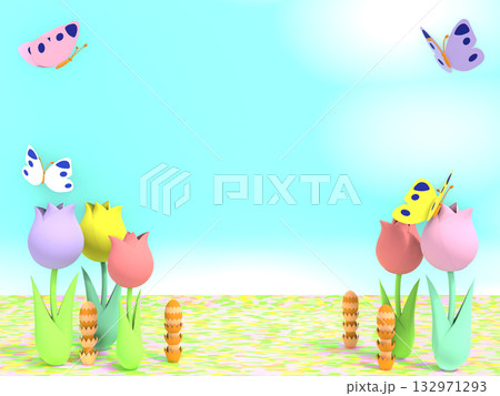 蝶が舞うお花畑のペーパークラフト風3DCG風景 蝶が舞うお花畑のペーパークラフト風3DCG風景 132971293