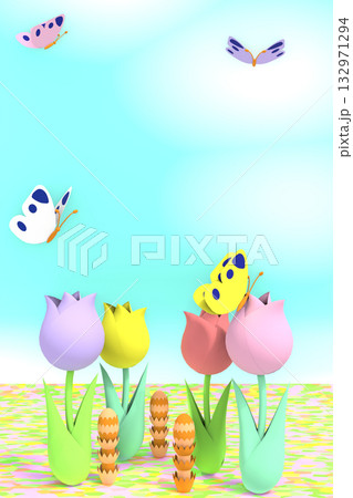 蝶が舞うお花畑のペーパークラフト風3DCG縦長風景 蝶が舞うお花畑のペーパークラフト風3DCG縦長風景 132971294