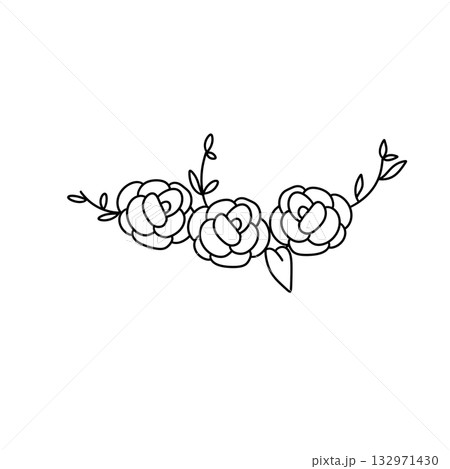 A black and white drawing of three roses with leaves 132971430