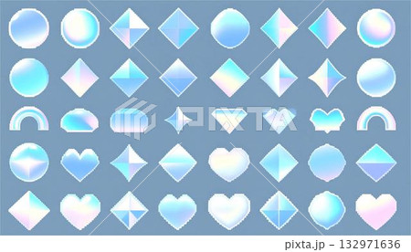 ホログラフィックなピクセルアートアイコンセット、モダンな虹色のグラフィック デザイン イラスト素材 ホログラフィックなピクセルアートアイコンセット、モダンな虹色のグラフィック デザイン イラスト素材 132971636