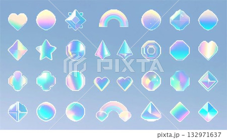 ホログラフィックなピクセルアートアイコンセット、モダンな虹色のグラフィック　デザイン　イラスト素材 132971637