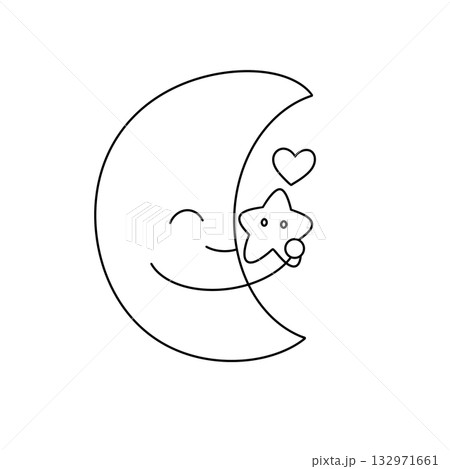 A cute cartoon of a smiling moon holding a star in its mouth 132971661