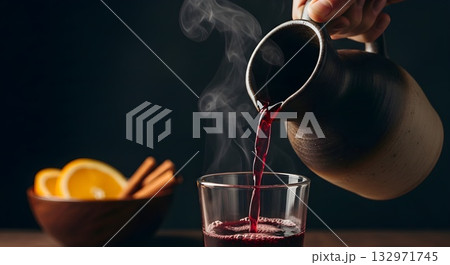 Pouring steaming mulled wine into a glass with orange and cinnamon 132971745