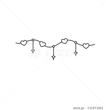 A black and white drawing of a string of hearts with stars hanging from it 132971801