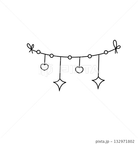 A black and white drawing of a string of lights with hearts 132971802
