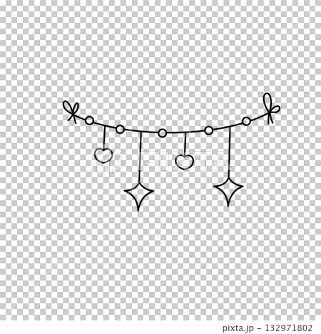 A black and white drawing of a string of lights with hearts 132971802