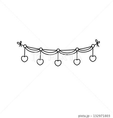 A white background with a black and white drawing of a string of hearts 132971803