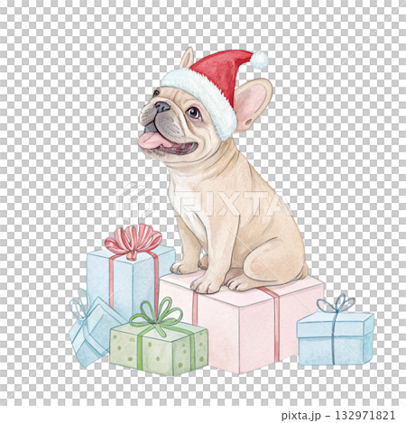 Cute Dog with Santa Hat Watercolor White Background 132971821