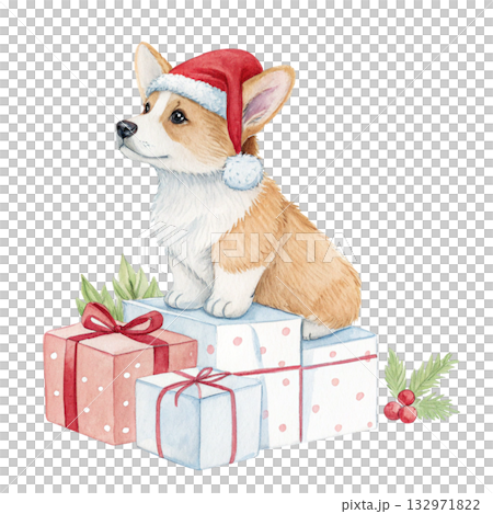 Cute Dog with Santa Hat Watercolor White Background 132971822