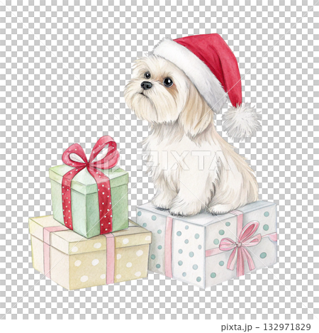 Cute Dog with Santa Hat Watercolor White Background Cute Dog with Santa Hat Watercolor White Background 132971829