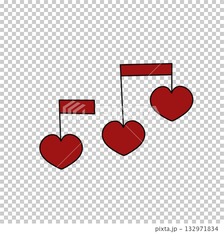 Three hearts are hanging from a piece of paper with a red note 132971834