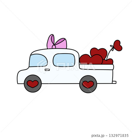 A white truck with a pink bow on it is filled with red hearts A white truck with a pink bow on it is filled with red hearts 132971835