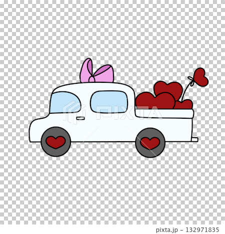 A white truck with a pink bow on it is filled with red hearts A white truck with a pink bow on it is filled with red hearts 132971835